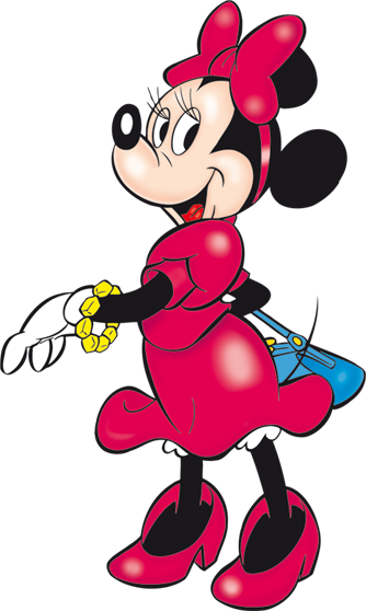Minnie Maus in einem pinken Kleid mit den passen Schuhen und einer großen Schleife auf dem Kopf