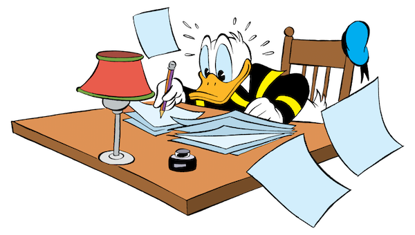 Donald Duck schreibt mit einem Bleistift auf Zettel