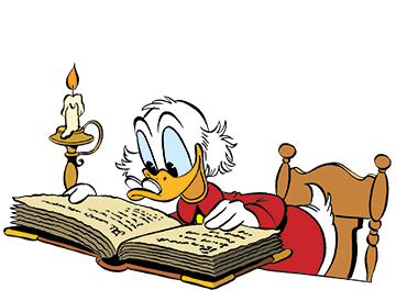 Dagobert Duck liest bei Kerzenschein fröhlich in einem dicken Buch