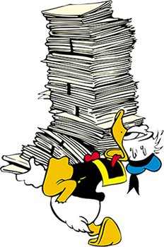 Donald Duck schleppt einen riesigen Stapel Zeitungen