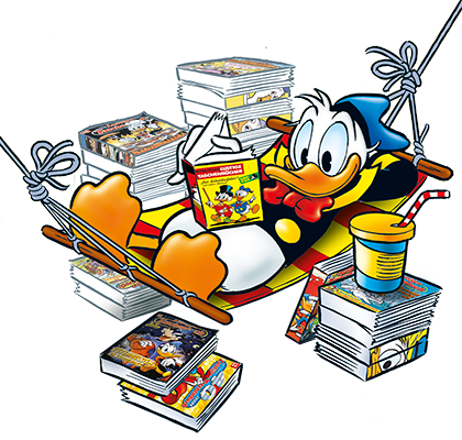 Donald Duck liest das Lustige Taschenbuch in seiner Hängematte