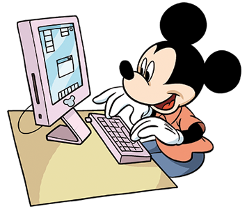Micky Maus sitzt vor einem Computer
