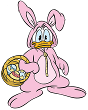 Donald Duck im pinken Osterhasenkostüm