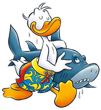 Donald Duck trägt einen Hai unter dem Arm