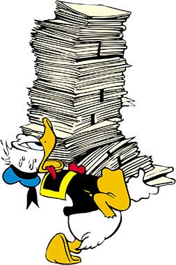 Donald Duck trägt einen großen Papierstapel