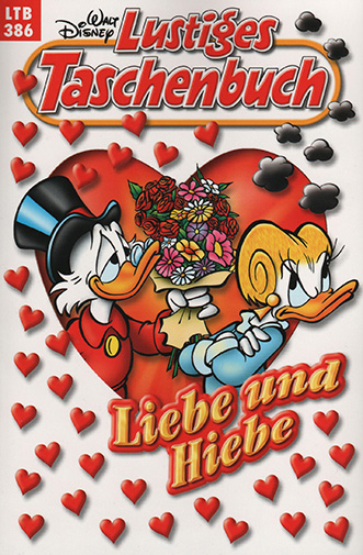 Dagobert Duck hat einen Blumestrauß für Gitta Gans und beide sind in einem Herz zu sehen